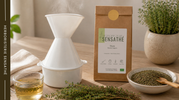 Inhalateur et thym en vrac pour dégager les voies respiratoires - Herboristerie Sensathé